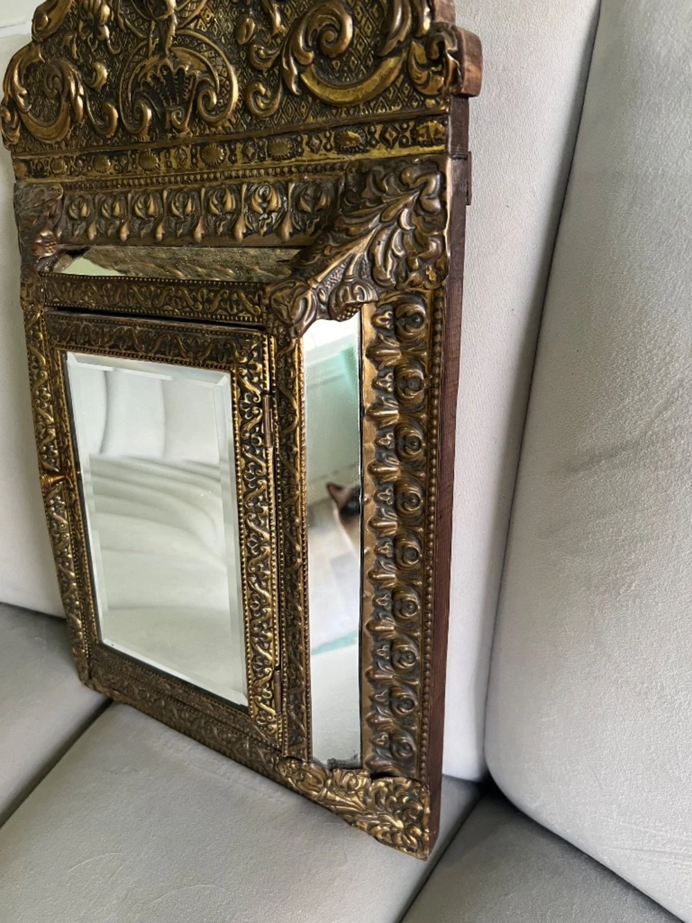 Antique Dutch copper & brass mirror/brush cabinet
